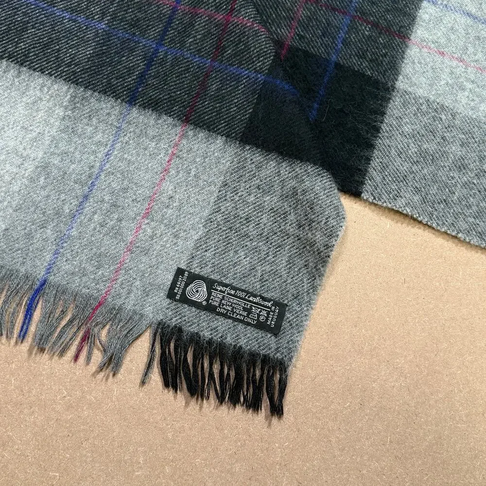 Vintage Scottish Plaid Lambs Wool Scarf Gray Black Made in Scotland Fringe
